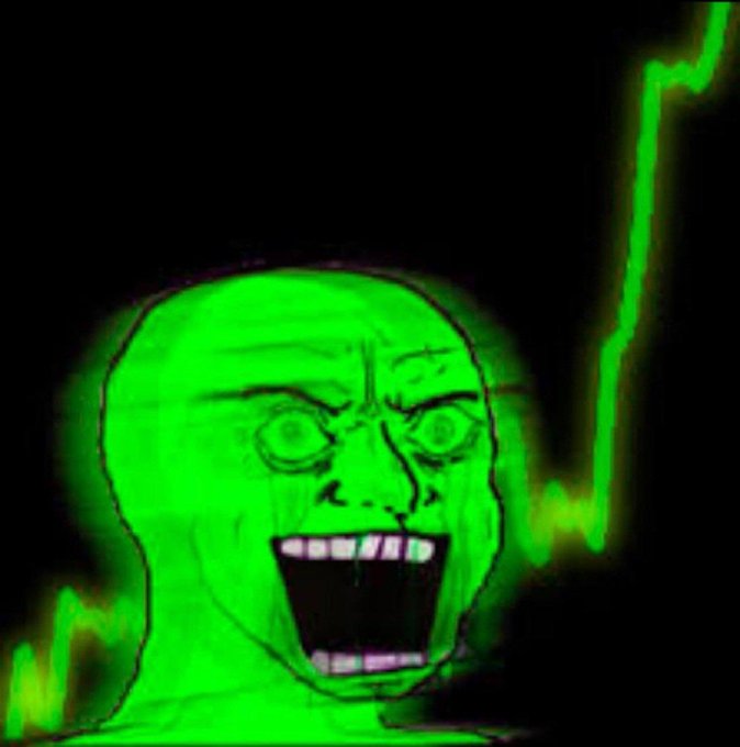 A green-glowing, wide-mouthed, wide-eyed rage face meme against a black background, fitting the post "Wen?" by expressing intense exasperation at waiting for something to happen.