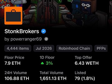 The image shows an NFT collection details page for "StonkBrokers" by powerranger69, featuring a floor price of 7.9 ETH, 24-hour volume of 106.88 ETH, and 79 items listed (1.8%) on the Robinhood Chain. This relates to the post as it is the first collection recommended ("Stonkbroker") for positioning ahead of @unvault.