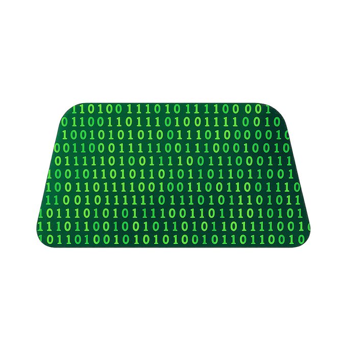 A green trapezoidal icon filled with bright green binary code (1s and 0s) on a dark green background.