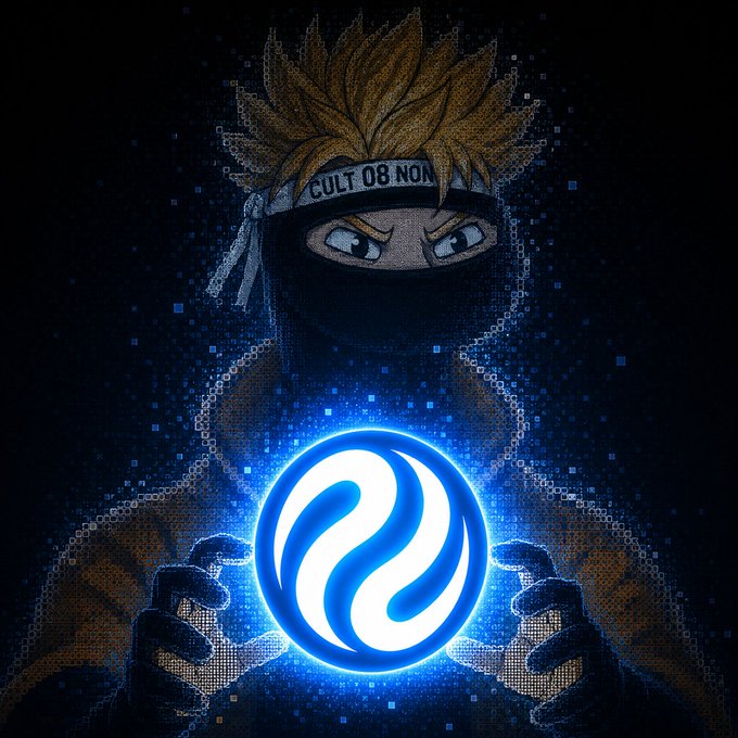 An anime-style illustration of a ninja character with spiky blonde hair wearing a headband that reads 'CULT 08 NOV', holding a glowing blue orb with a white swirl design.