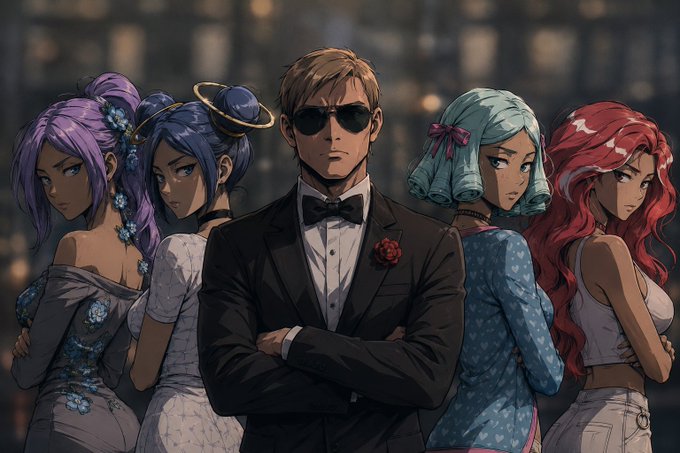 An anime-style illustration features a man in a tuxedo and sunglasses standing in front of four women with purple, blue, teal, and red hair.