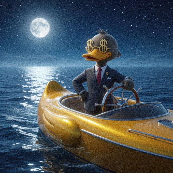 A stylized image of a duck wearing a business suit and dollar-sign glasses steering a golden speedboat on the ocean under a full moon.