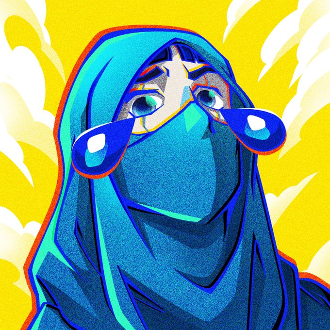 A stylized digital artwork features a hooded figure in blue with large anime-style eyes, set against a vibrant yellow background with white flame-like shapes.