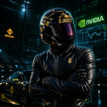A racer in a black leather suit and a black-and-gold helmet labeled "$JACKET" stands with crossed arms in a dimly lit garage, with an NVIDIA logo and Binance-style logos on the walls and a black sports car behind them.