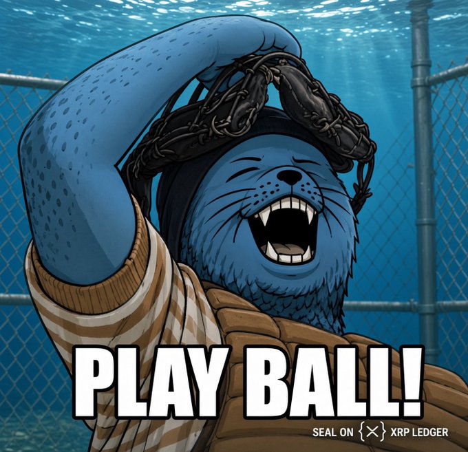 An underwater cartoon scene features a cheerful blue seal wearing a baseball catcher's mask and mitt, with the bold text "PLAY BALL!" overlaid and "SEAL ON XRP LEDGER" in the corner—tying into the post's call for "Onna Sandlot Saturday" baseball with an 198 XRP floor price on the XRP Ledger.