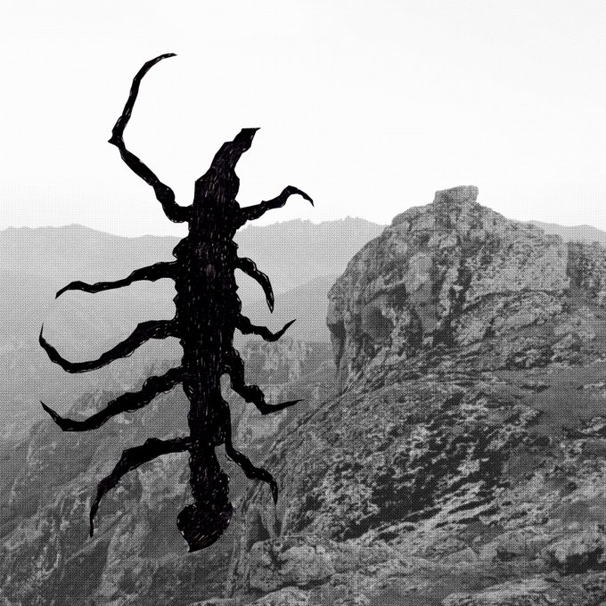 A black ink-style illustration of a centipede-like creature superimposed over a grayscale photograph of a rocky mountain landscape.