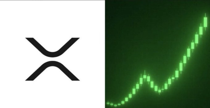 The image shows the XRP logo alongside a green candlestick chart depicting a strong upward price trend, visually supporting the post's claim that XRP whales accumulated over 300 million tokens in a single day amid bullish market momentum.