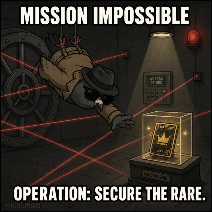 A cartoon bird spy in a trench coat and fedora dangles from a rope through red laser security beams toward a glowing 'LEGENDARY NFT' card, captioned 'MISSION IMPOSSIBLE - OPERATION: SECURE THE RARE.'