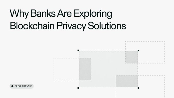 Minimalist blog header graphic with the title 'Why Banks Are Exploring Blockchain Privacy Solutions' and a 'BLOG ARTICLE' tag alongside abstract gray rectangles.