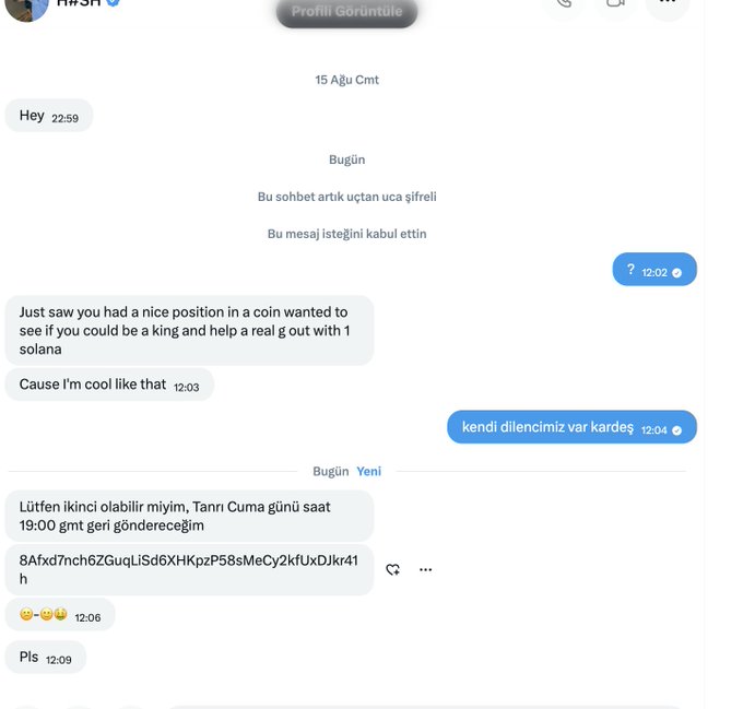 A Direct Message (DM) conversation in Turkish on Instagram where someone tries to recruit the user by offering a "king" position in a crypto/coin project and 1 Solana, but the user declines, stating "kendi dilencim var kardeş" (I have my own beggar/beggar) and blocks/ends the interaction with "Pls."
