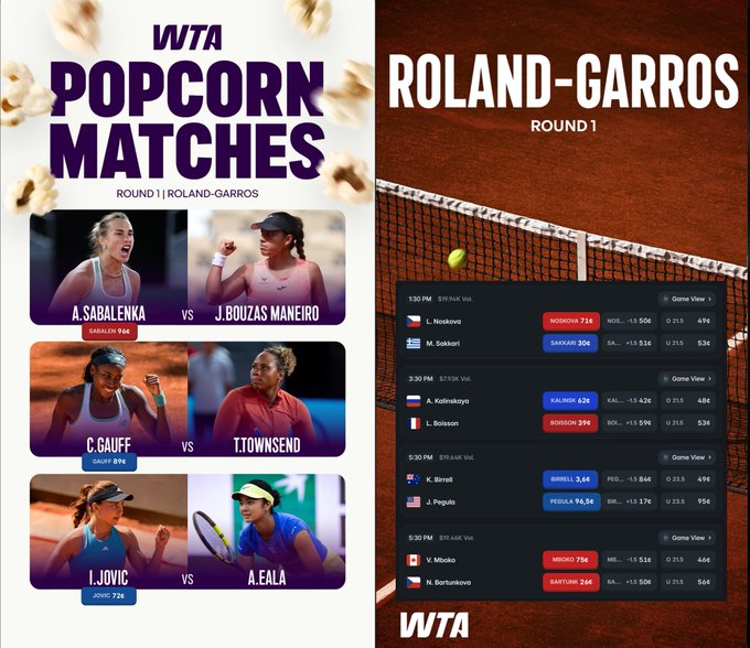 The image shows a tennis match poster for WTA Popcorn Matches, featuring six female tennis players from different countries competing against each other. The poster displays their names along with their respective scores or points, indicating that they are playing against each other in a tournament. The text on the poster highlights the current round and the number of wins, losses, and favorites for each player.