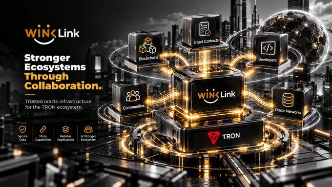 A promotional graphic for 'WINkLink' advertising 'Stronger Ecosystems Through Collaboration' as trusted oracle infrastructure for the TRON ecosystem, featuring icons for Smart Contracts, Blockchains, Developers, Communities, and Oracle Networks.
