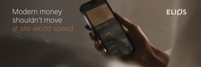 An advertisement for 'ELIOS' showing a hand holding a smartphone with a banking app open, alongside the tagline 'Modern money shouldn't move at old-world speed.'