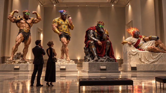 Two people in formal attire stand in a modern museum gallery admiring four large, muscular statues wearing crowns, with one figure holding a microphone and another appearing to be engulfed in flames.