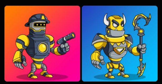 Two cartoon-style robot characters on orange and blue backgrounds - one appears to be a firefighter with a flashlight, and the other a warrior with horns holding a staff.
