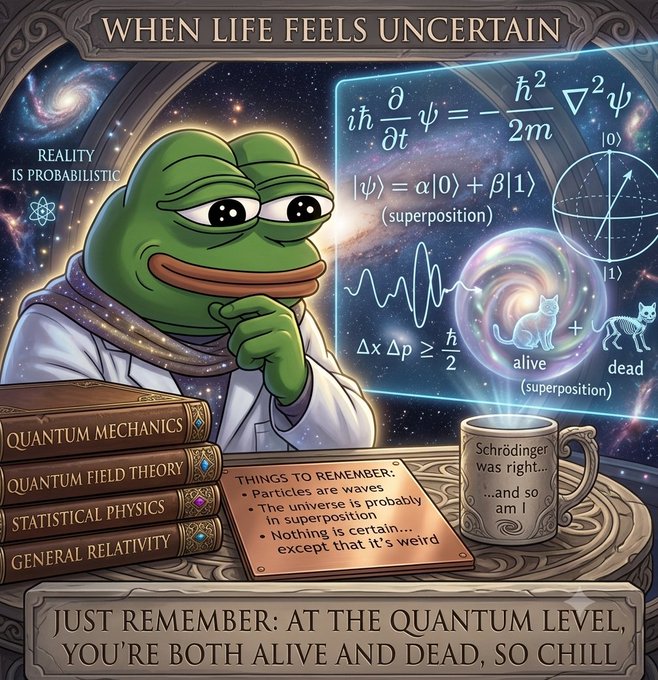 A Pepe the Frog meme referencing quantum physics features the text "WHEN LIFE FEELS UNCERTAIN" at the top and "JUST REMEMBER: AT THE QUANTUM LEVEL, YOU'RE BOTH ALIVE AND DEAD, SO CHILL" at the bottom, with Schrödinger equations and Schrödinger's cat visible on a holographic display.