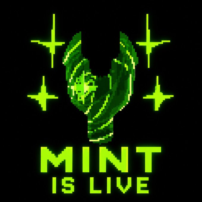 A pixel-art graphic in glowing green on black features a stylized hooded figure with a star-like face, surrounded by four sparkle accents, above the text "MINT IS LIVE," visually announcing the launch of the official mint linked in the post.