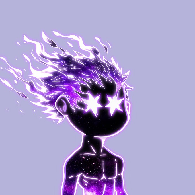 The image features a cartoon character with purple hair, two eyes, and stars on either side of his face. The character appears to be floating or hovering above the viewer's head. The background color of the image is purple, which complements the character's hair color. There are no texts present in the image.