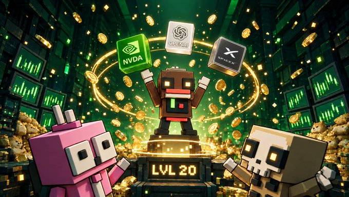 A vibrant illustration featuring blocky, Minecraft-style characters in a server room filled with gold coins, with one character on a pedestal labeled 'LVL 20' surrounded by logos for NVDA, OpenAI, and SpaceX.