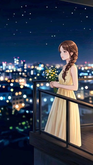 An anime-style illustration of a girl in a yellow dress holding wildflowers on a balcony overlooking a city skyline at night under a starry sky.