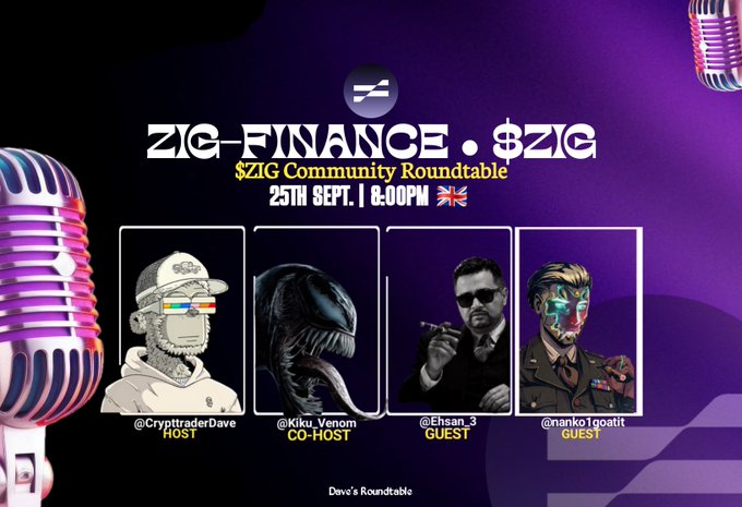 Promotional graphic for the "$ZIG Community Roundtable" on 25th September at 8:00 PM UK time, featuring four speakers: @CrypttraderDave as Host, @Kiku_Venom as Co-Host, and @Ehsan_3 and @nanko1goatit as Guests, with microphones displayed alongside crypto-themed avatars. The graphic visually supports the post's invitation for community members to join the interactive $ZIG (Zig-Finance) discussion on Space.