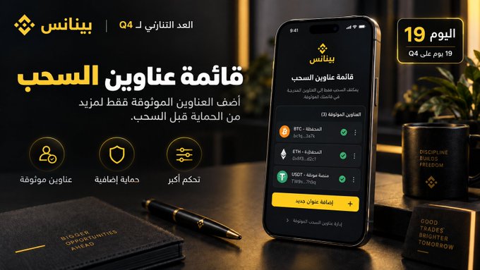 A Binance Arabic promotional graphic featuring a smartphone displaying the withdrawal whitelist feature for BTC, ETH, and USDT, alongside a "19 يوم" (19 days) countdown badge indicating the time left until Q4. The Arabic text highlights "قائمة عناوين السحب" (Withdrawal Addresses List) as the tip of the day, emphasizing enhanced account security through pre-approved addresses.