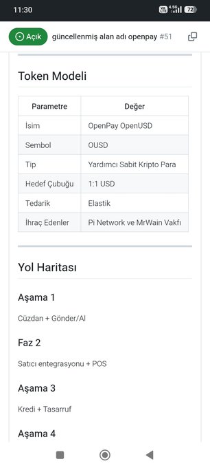 The image displays a Turkish-language webpage detailing the "Token Modeli" (Token Model) for OpenPay OpenUSD (OUSD), showing it as a "Yardımcı Sabit Kripto Para" (Helper Stablecoin) pegged at 1:1 USD, with "Pi Network ve MrWain Vakfı" listed as importers. The post's claim about OUSD being connected to Pi is supported by the "İhrac Edenler" row listing "Pi Network ve MrWain Vakfı" as the issuing entities.