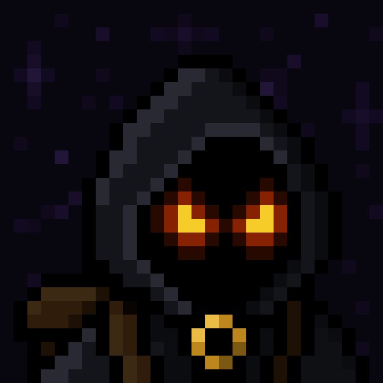 A pixel art image of a dark hooded figure with glowing orange/red eyes, wearing a gold ring or buckle, set against a dark purple background with scattered pixel particles.