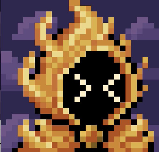 Pixel art illustration of a character engulfed in golden-orange flames with white flame eyes against a purple background.