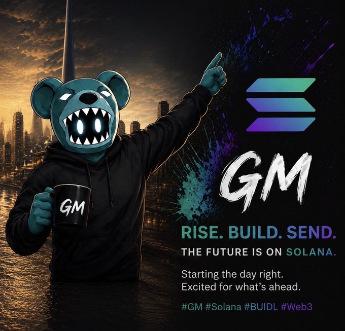 A promotional graphic featuring a character in a bear mask holding a 'GM' mug, alongside the Solana logo and text 'GM. RISE. BUILD. SEND. THE FUTURE IS ON SOLANA.' with hashtags #GM #Solana #BUIDL #Web3.