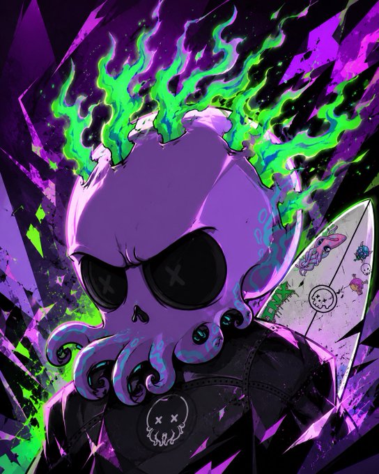 A stylized illustration of a purple octopus-headed character with glowing green flames, wearing sunglasses with 'X' marks, and holding a decorated blade.