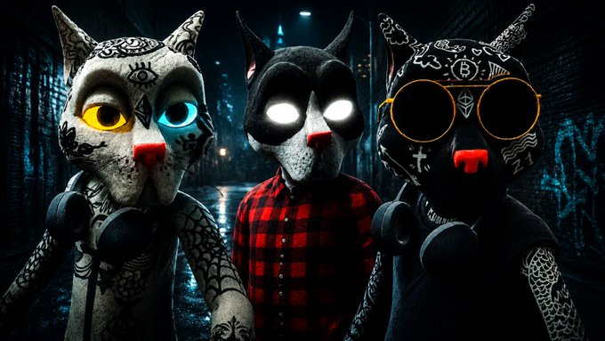Three stylized cats with glowing eyes standing in a dark alleyway, one wearing a plaid shirt and another sporting Bitcoin-themed sunglasses.
