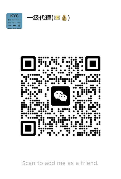 A WeChat QR code labeled "一级代理" (First-level Agent) with a "KYC Know Your Customer" badge and money bag emoji, prompting users to scan to add as a friend for KYC verification services across the listed platforms.