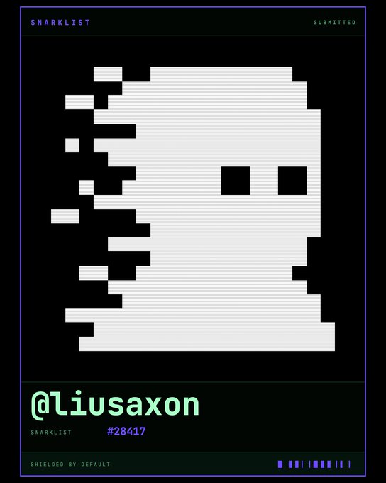 A pixelated skull-like 'Snarklist' image credited to @liusaxon (#28417) with a 'SHIELDED BY DEFAULT' label.