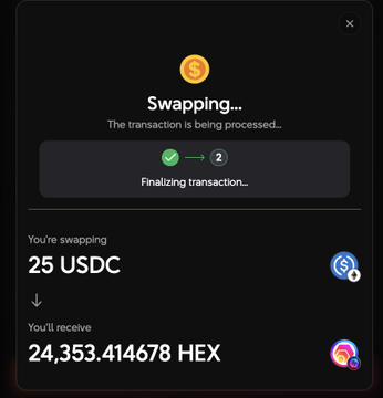 A cryptocurrency swap interface showing a transaction processing from 25 USDC to 24,353.414678 HEX tokens.