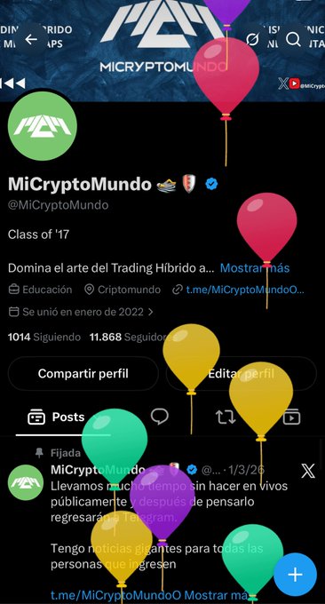 A screenshot of the X (Twitter) profile 'MiCryptoMundo' (@MiCryptoMundo) showing a 'Class of 17' banner, follower stats (1,014 following, 11,868 followers), and trading-related content in Spanish.