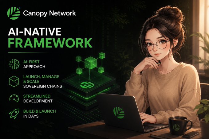 Promotional image for Canopy Network, an 'AI-Native Framework' with green branding, featuring an illustrated woman with glasses working on a laptop displaying the Canopy Network logo. Key features listed: AI-First Approach, Launch/Manage/Scale Sovereign Chains, Streamlined Development, and Build & Launch in Days.