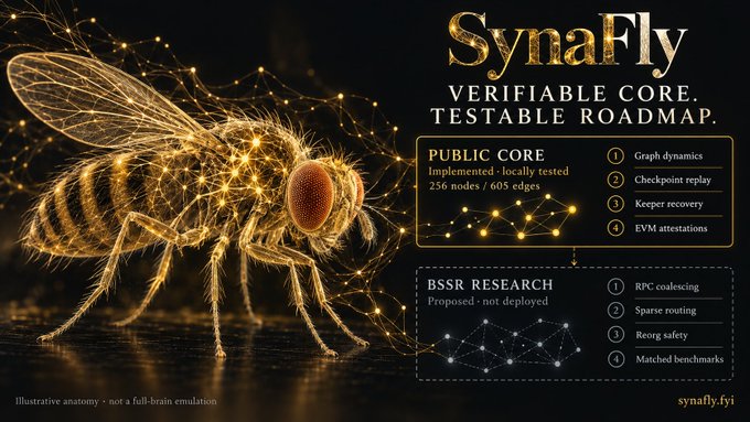 A promotional graphic titled "SynaFly" displays a glowing, wireframe-style fly alongside text highlighting "VERIFIABLE CORE. TESTABLE ROADMAP," "PUBLIC CORE," and "BSSR RESEARCH," with the website "synafly.fyi" at the bottom.