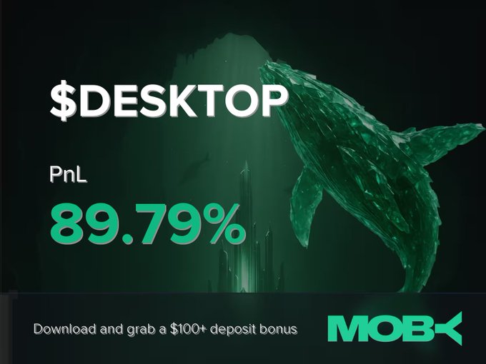 A promotional graphic from Moby features a large whale illustration alongside bold text announcing a $DESKTOP profit-and-loss result of 89.79%, with a banner at the bottom offering a $100+ deposit bonus. The visual reinforces the post's win alert, celebrating the trader's strong gain while tying in the platform's deposit incentive.
