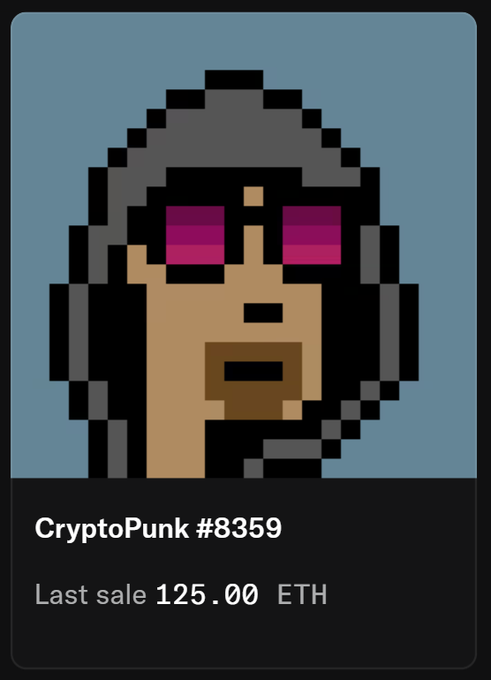 A pixelated portrait of CryptoPunk #8359 with a dark hood and pink/magenta eyes, shown with a last sale price of 125.00 ETH.