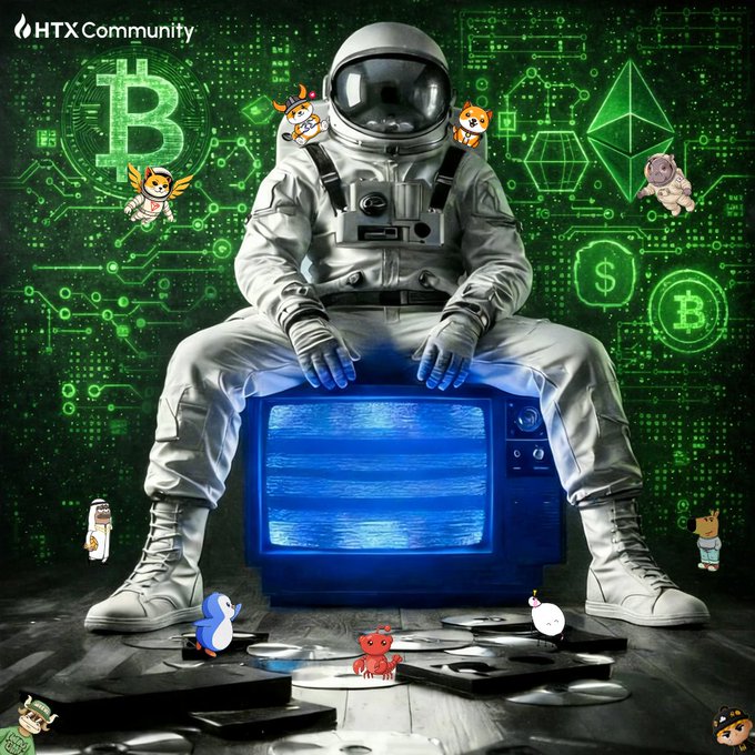 An astronaut in a white spacesuit sits atop a blue CRT monitor displaying static, surrounded by green holographic Bitcoin and Ethereum symbols alongside playful crypto mascots, with "HTX Community" watermarked in the top left corner. The image visually reinforces the post's "moonshot" and "next move" message by depicting a space explorer poised for a crypto voyage.