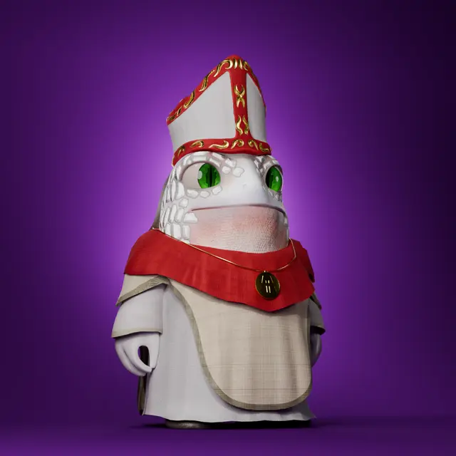 A whimsical 3D-rendered character of a shark wearing bishop attire, including a tall miter hat and a red-trimmed white robe, set against a vibrant purple background. This image ties in with the post's religious theme "Take me to Church #GimbozSeason @apechurch," symbolizing a playful blend of underwater creatures with ecclesiastical garb for the NFT collection.