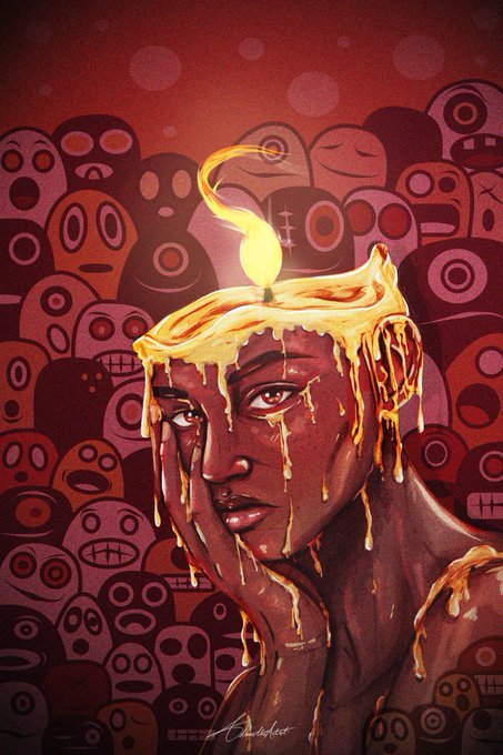 A digital painting portrays a person with melting yellow wax dripping from their head like a candle, set against a backdrop of various stylized mask designs in red and orange tones.