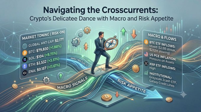 An infographic titled 'Navigating the Crosscurrents: Crypto's Delicatee Dance with Macro and Risk Appetite', showing market data like BTC, SOL, ETH, and various economic indicators.