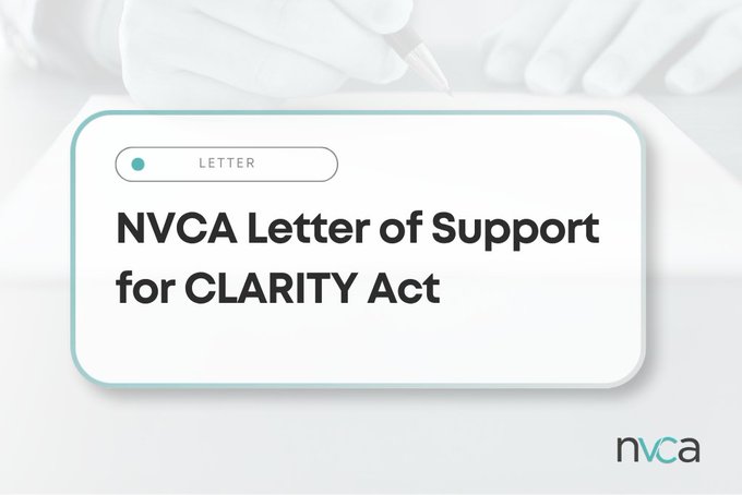 A graphic design featuring the text "NVCA Letter of Support for CLARITY Act" with the NVCA logo in the bottom right corner, displayed over an image of hands writing on paper.