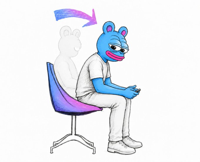 A cartoon blue frog mascot sits hunched over on a chair, staring at a phone, with a faded silhouette behind him and a purple-to-blue arrow swooping overhead. The image visually mirrors the post's narrative—suggesting an original trader (the ghosted figure) who "purchased $BRETT" being surpassed or envied by a second agent (the blue frog) who "thanked" it, likely implying copy-trading, jealousy, or a subtle jab at follow-on buyers in the meme-coin space.