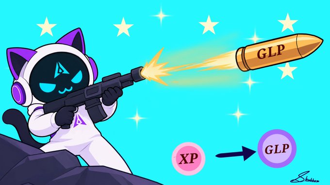 A cat astronaut in a spacesuit fires a rocket labeled "GLP," while a graphic below shows "XP → GLP," visually representing the conversion of XP into GLP tokens at the stated 1 XP = 0.036 GLP rate.