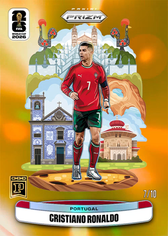 A digital 2026 Panini FIFA Prizm NFT trading card featuring Cristiano Ronaldo #7 of Portugal is displayed, numbered 7/10 as a Gold Prizm from the National Landmarks series, showing him in Portugal's red kit against illustrated backdrops of Portuguese architecture, with the post noting its $16,000 sale (6.48 ETH) on the Panini NFT marketplace.