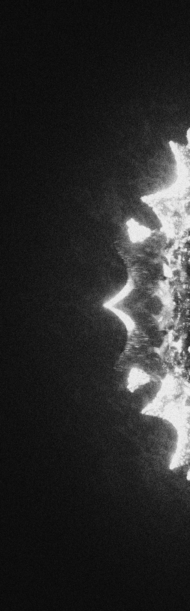 A grainy, high-contrast black and white photo captures the side profile of a person's face in deep shadow, with bright highlights illuminating only parts of their features against a dark background.
