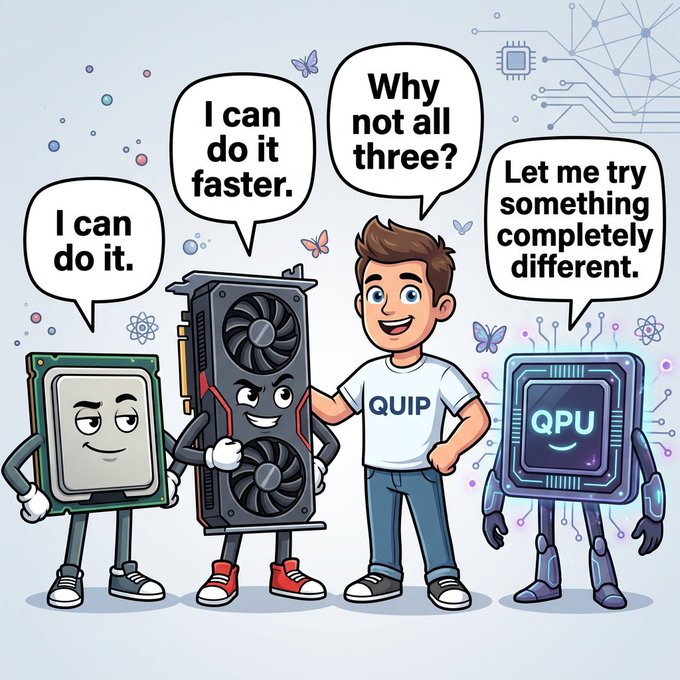 A cartoon illustration of a smiling person wearing a "QUIP" t-shirt standing between three anthropomorphized computer hardware characters (CPU, GPU, and QPU), each making a different statement about their capabilities.